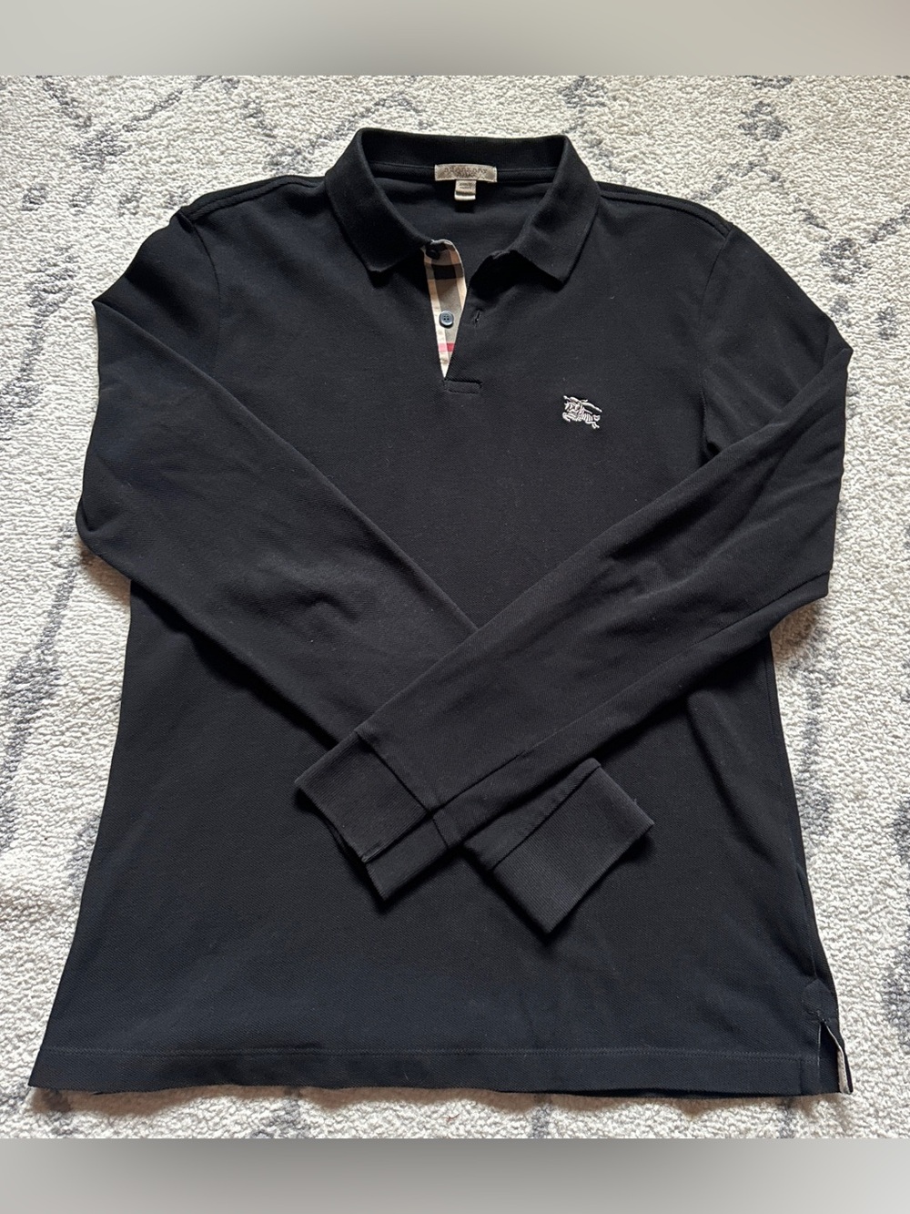 Burberry Long Sleeve Cotton Pique Polo Shirt Black Button Down Men's Medium Logo